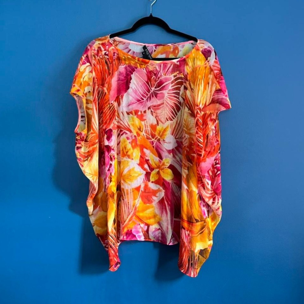 Y2K Silk Poncho Blouse Women's Size Medium Etcetera Floral Orange‎ Pink Drapey